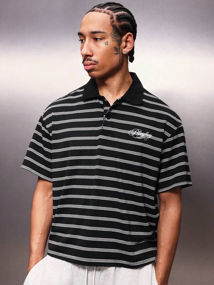 PLAYBOY X SUMWON Men's Horizontal Striped Short Sleeve Polo Shirt With Collared Neckline And Regular Fit For Casual Summer Style