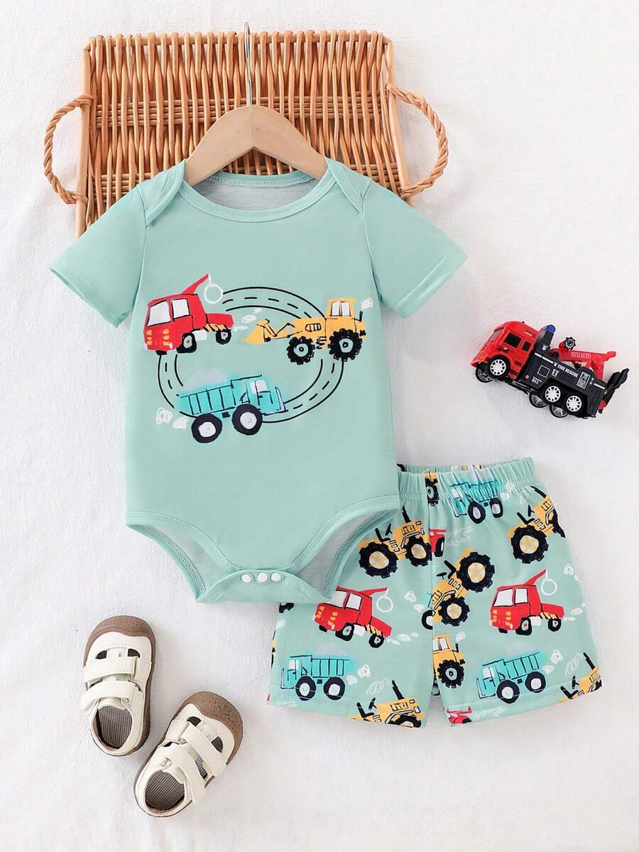 SHEIN Infant/Toddler Boys' Cute Cartoon Car Print Romper And Shorts Set, Spring/Summer - Green - View 1