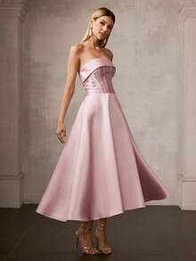 MOTF PREMIUM ELEGANT STRAPLESS ANKLE-LENGTH A-LINE SATIN PARTY DRESS WITH FLORAL RHINESTONE, CINCHED WAIST, CRISSCROSS BACK STRAPS – ELEGANT LUXURIOUS STYLE IDEAL FOR WEDDINGS, GALA DINNERS, AWARD CEREMONIES, CELEBRATIONS - Pink - View 5