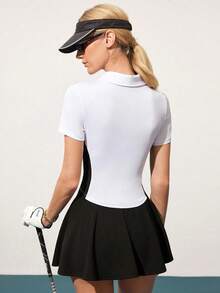 Gameset SHEIN Sport 女士简约撞色四分之一拉链短袖高尔夫Polo衫，夏季 - 黑與白 - 查看 2