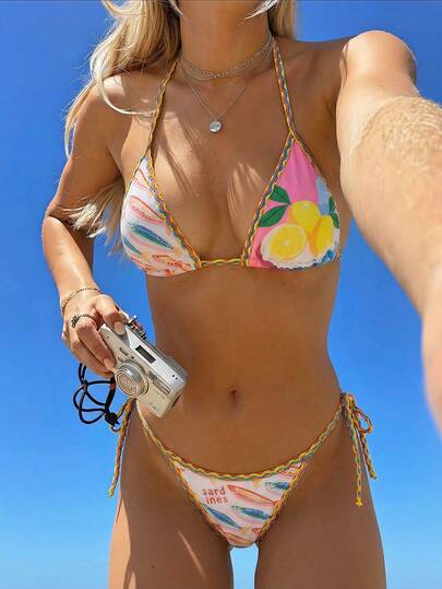 Swim Vcay Set de 3 piezas Nuevo bikini de vacaciones sexy y elegante con estampado triangular aleatorio y 2 partes inferiores, traje de baño para mujeres para fiestas en la playa o la piscina