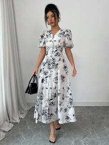 Modelyn Women's Woven Double Layer Printed Short Sleeve Midi Dress - Multicolor - View 6