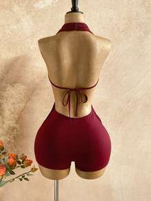 Soleia Bộ jumpsuit nữ màu trơn, kiểu cổ yếm buộc dây, hở lưng, xếp ly, trang trí kim loại, gợi cảm cho buổi hẹn hò và tiệc tùng. - Đỏ - Xem 2