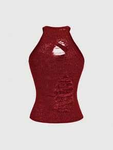 ROMWE Grunge Punk Áo dệt kim nữ màu trơn cổ yếm, kiểu dáng ôm sát, phong cách rách rưới, đa năng. - Màu Đỏ Sâu - Xem 2