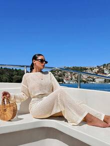 EURMUSE 镂空纯色圆领长袖上衣和裤子罩衫套装，适合夏季海滩度假 - 杏色 - 查看 5