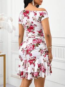 SHEIN Lady Women's Floral Print Ruched Ruffled Hem Fitted Asymmetric Sleeve Mini Dress - Multicolor - View 2