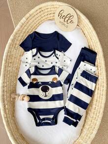 SHEIN 6pcs Newborn Baby Boy Summer Cute Cartoon Star Print Short Sleeve Romper & Pants Set - Blue - View 5