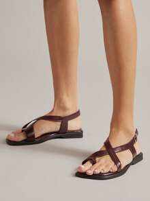 SHUZIA #BritishChic Women's Slingback Cross-Band Toe-Loop Premium Faux Leather Wine Flat Sandals – Refined, Minimal & Comfortable - Burgundy - View 2