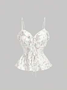 SHEIN MOD White Fabric Camisole Top, Delicate Floral Print, Pastel Pink And Blue Flowers, Adjustable Spaghetti Straps, Ruffled Edges, Front Lace-Up Detail, Peplum Hem, Lightweight Material, Breathable Texture, Soft Feel, Fitted Silhouette, Feminine Style - White - View 8