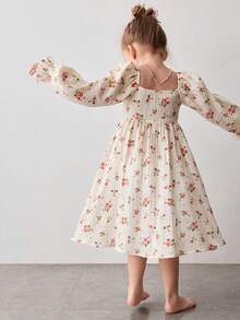 Maija Kids Young Girl Rose Print Puff Sleeve Casual Long Sleeve Dress,Kids - Apricot - View 2