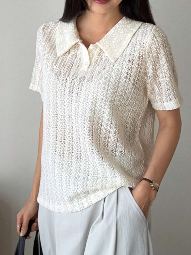 Women's Summer Polo Collar Short Sleeve Textured Casual T-Shirt