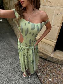 Aloruh 女士春夏新款露肩镂空系带不对称下摆印花连衣裙，度假沙滩性感连衣裙 - 彩色 - 查看 7