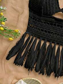 Soleia 女士串珠露背流苏针织上衣，适合度假、约会、下午茶、海滩、邮轮、公路旅行、婚礼季、音乐节、波西米亚风假期等场合。 - 黑色 - 查看 4