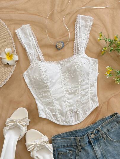 Soleia Top de tirantes con encaje y textura floral 3D, adecuado para playa, crucero, vacaciones en la ciudad, vacaciones, festival de música, estilo bohemio, resort de playa, verano, uso diario