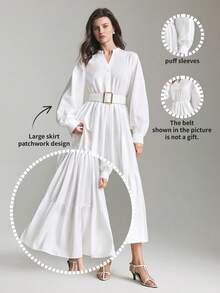 Ontre 女士象牙色舒适柔软面料修身廓形小圆领长袖泡泡袖收腰蓬蓬裙拼接设计现代优雅婚礼宾客装扮简约浪漫法式奢华都市时尚商务休闲办公室低调复古高端都市通勤高品质机场邮轮中东必备百搭四季婚礼系列长裙 - 白色 - 查看 2