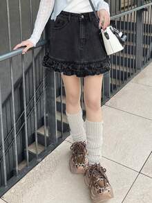 FRIFUL Minifalda de mezclilla lavada con volantes en el bajo para mujer - Negro - Ver 4