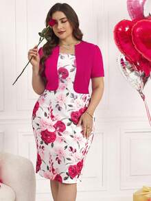Reflora Vestido de mujer talla grande de punto elástico con estampado floral de primavera, elegante y romántico para uso diario, adecuado para el Día de San Valentín - Rojo violeta - Ver 4