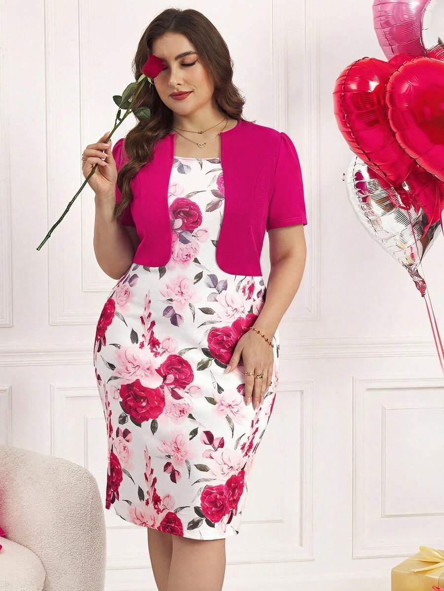 Reflora Spring Floral Print Elastic Knit 2 In 1 Plus Size Women Dress, Elegant & Romantic For Everyday Wear, Suitable For Valentine's Day - Red Violet - View 1