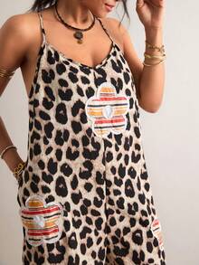 Freevana Plus Size Women Floral Applique & Leopard Print Pocketed Casual Jumpsuit - Khaki - View 1