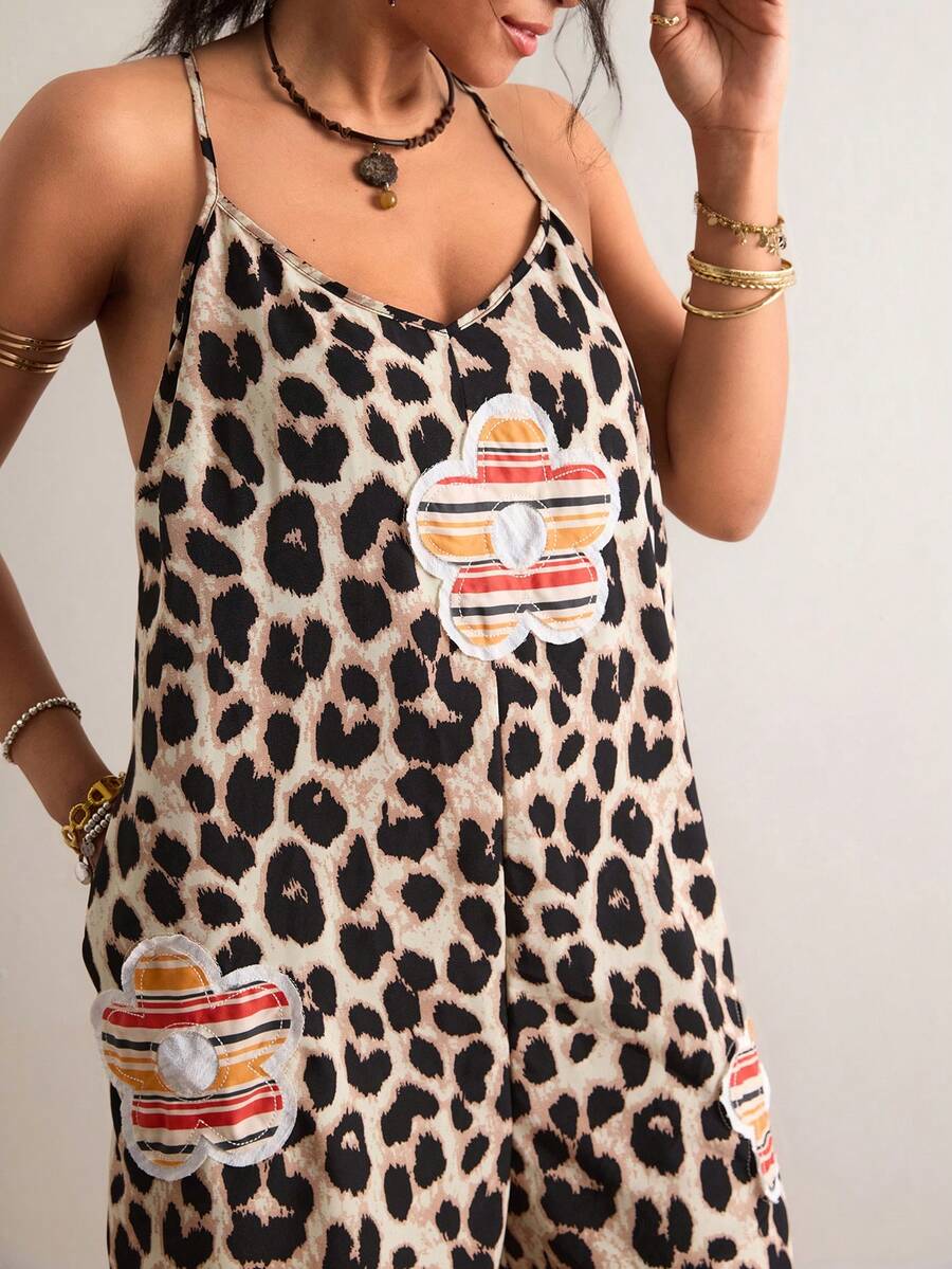 Freevana Plus Size Women Floral Applique & Leopard Print Pocketed Casual Jumpsuit - Khaki - View 1