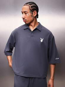 PLAYBOY X SUMWON Essentials Ribbed Polo And Shorts Co-Ord Set With Collar And Side Pockets Matching Two Piece Outfit - Blue - View 3