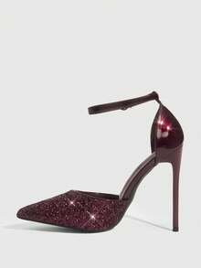 CUCCOO SZL 女士尖头细高跟酒红色亮片踝带镂空鞋，时尚性感，适合晚宴、夜店等场合，女士高跟鞋 - 格麗特酒紅 - 查看 9