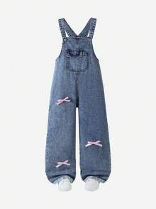 SHEIN ChillGRL 少女Y2K风格牛仔背带裤，百搭休闲宽松直筒牛仔裤，饰有蝴蝶结，适合春、夏、秋、冬四季穿着。 - 中等水洗藍 - 查看 3