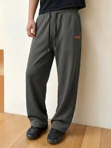 Manfinity Hypemode Men's Letter Print Drawstring Waist Pockets Wide Leg Loose Casual Pants - Dark Grey - View 4