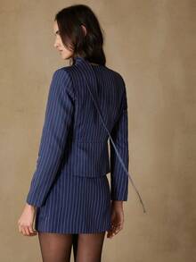 Revavyn 两件套藏蓝色条纹系带露背休闲套装裙，优雅女士办公室通勤装 - 藏蓝色 - 查看 2