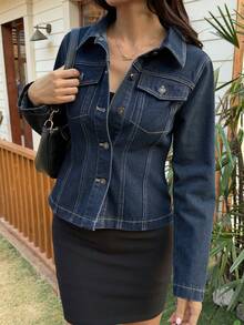 DAZY Women's Slim Fit Solid Color Denim Jacket, Suitable For Summer Vacation Y2k - Medium Wash - View 5