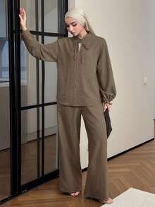 DAZY 女士优雅系领上衣和休闲裤两件套，夏季 - 卡其色 - 查看 5