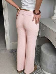 CovetEZ 女士纯色翻折腰阔腿宽松休闲针织裤 - 粉色 - 查看 2