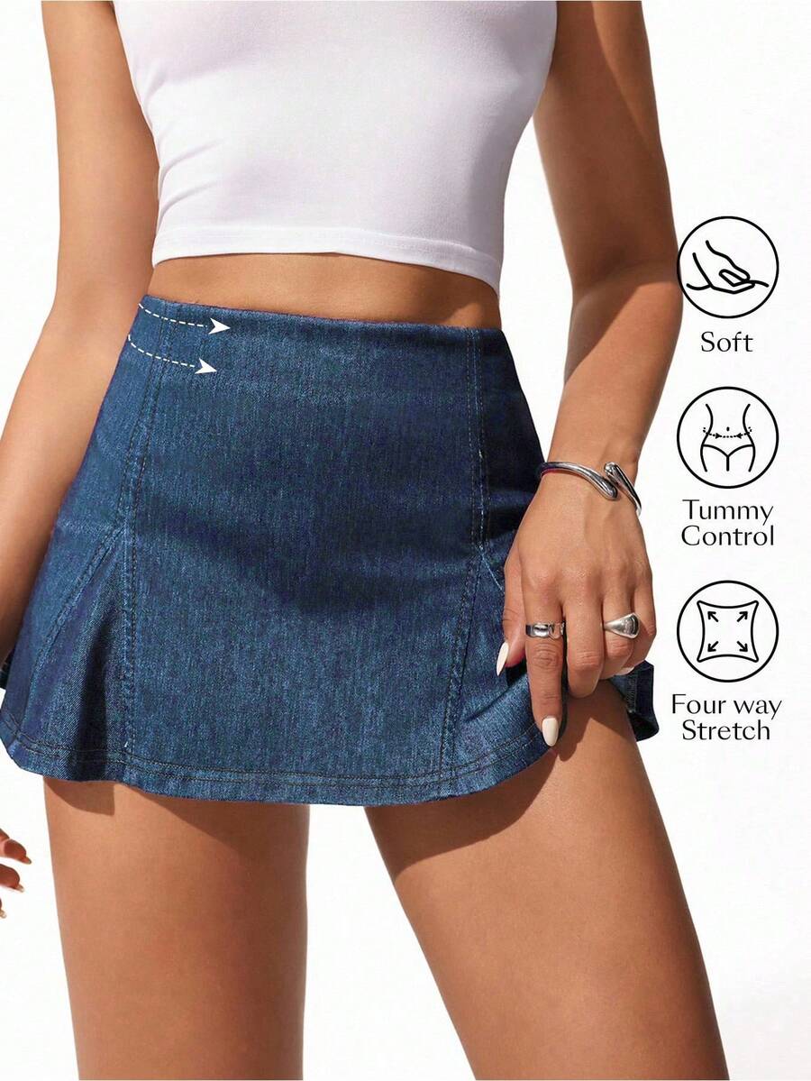 Flexra Solid Color Elastic Casual Versatile Denim Mini Skirt, Spring/Summer - Medium Wash - View 1