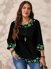 Mellowie Áo sơ mi nữ cỡ lớn kiểu dáng rộng rãi, in họa tiết lá cây kẻ caro, cổ tròn, tay lỡ 3/4, thích hợp cho ngày lễ Thánh Patrick. - Nhiều màu - Xem 5