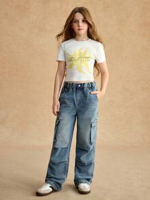 SHEIN Tween Girls Clothes Casual T-Shirt, Short Sleeve Sun Pattern Autumn, Cute, School, Back To School - Light Grey - View 6
