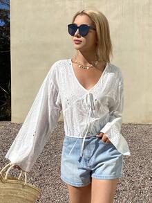 DAZY Women's Loose V-Neck Long Sleeve Textured Jacquard Fabric Cropped Casual Vacation Blouse, Spring/Summer - White - View 1