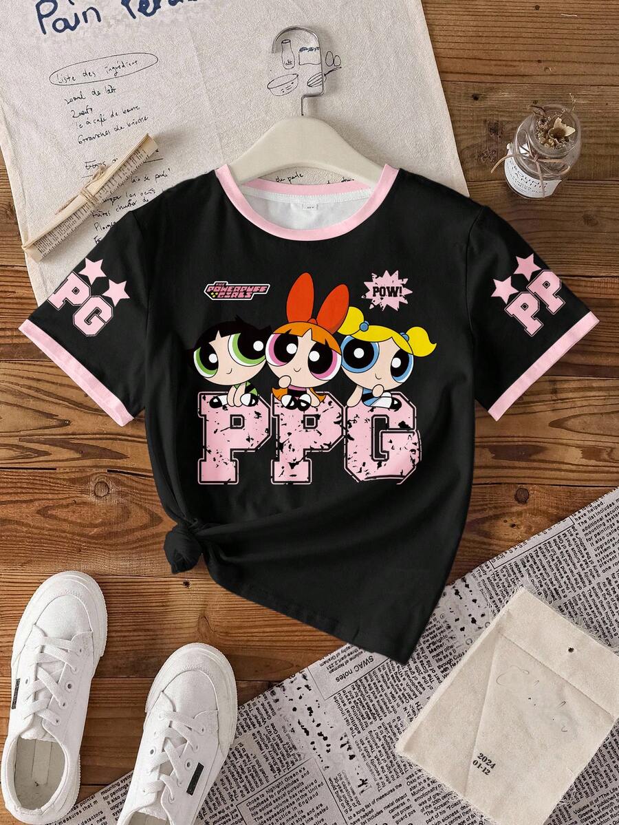 THE POWERPUFF GIRLS X SHEIN 女童（小号）极简印花圆领短袖T恤 - 白色 - 查看 1