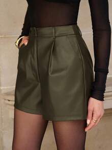 Lavishia Solid Color Pleated Pocket Waist Belt Casual Loose Retro Fashion PU Shorts - Army Green - View 3