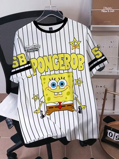 SpongeBob SquarePants | SHEIN Camiseta casual de manga corta y cuello redondo con estampado de letras y dibujos animados para hombres