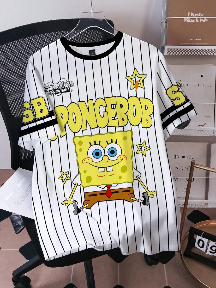 SpongeBob SquarePants | SHEIN 男士字母卡通印花休闲圆领短袖T恤 - 白色 - 查看 1
