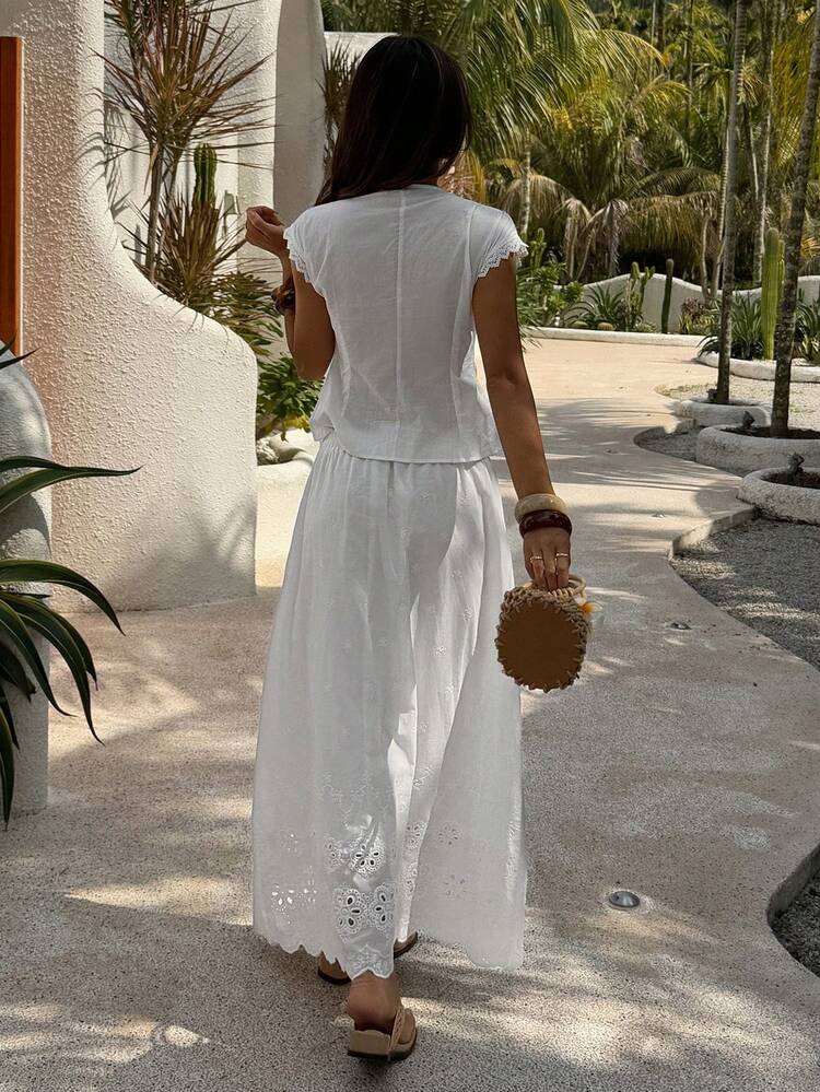 Damen Sommer Urlaub Weiße Spitze Ärmellos Crop Top und Lässig A-Linie Rock 2-teiliges Set Kreuzfahrt Outfit für Frauen - Weiss - Übersicht 2