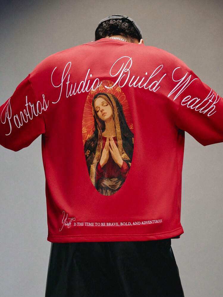 PAVTROS Men's Casual Round Neck Drop Shoulder Short Sleeve T-Shirt With Personalized Fashion Figure Print, Summer Jesus Shirt Red Long Sleeve Shirt Virgin Mary Shirt Catholic Shirt Religious Shirt - Red - View 4