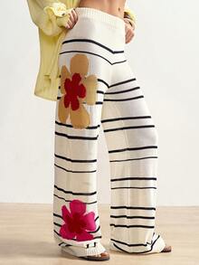 Bohemela 女士条纹休闲针织宽松直筒裤毛衣 - 黑色 - 查看 4