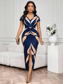 SHEIN Lady Đầm ngắn tay cổ chữ V đơn giản, thời trang cho mùa hè, đầm lễ Phục sinh cho nữ, đầm công sở, đầm thường ngày, đầm đi nghỉ mát, đầm phong cách Boho. - Màu xanh hải quân - Xem 6