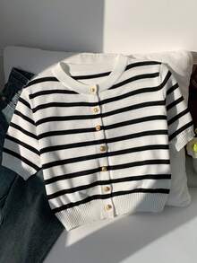 SHEIN EZwear Áo len ngắn tay kẻ sọc đen trắng dành cho nữ - Đen và trắng - Xem 5
