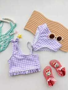 DAZY Bộ bikini kẻ caro cho bé gái, đồ bơi màu tím dễ thương cho bãi biển. - Màu tím - Xem 6