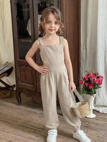 LMoss Kids Bộ áo liền quần hở lưng kiểu đan chéo có nơ dành cho bé gái, trang phục thường ngày thời trang và đa năng. - Màu be - Xem 3