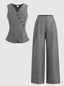 Tween Girls Casual V-Neck Asymmetrical Hem Top And Pants Set - Brown - View 4