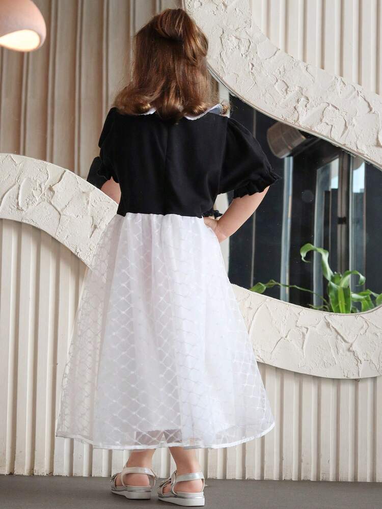 Young Girl' Collar Bow Lace Trim Contrast Color Korean Style Dress