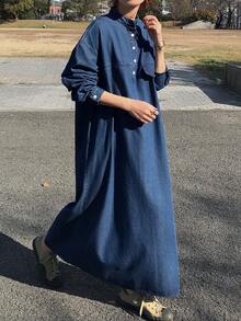FRIFUL 女士直筒牛仔连衣裙，衬衫款式 - 藍色 - 查看 8